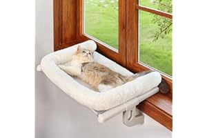 Zoratoo Cat Window Sill Perch with Large Bolster, Easy to Adjust & Assemble Cat Window Seat for Windowsill & Bedside, Pet Hammock Bed for Large Cats and Kittens (White, L)
