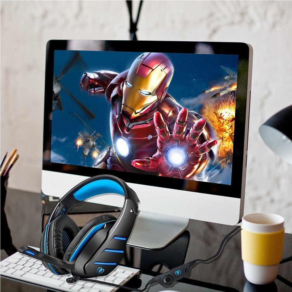 Gaming Headset GM-3 with Microphone for New Xbox 1 PS4 PC Cellphone Laptops Computer - Surround Sound, Noise Reduction Game Earphone-Easy Volume Control with LED Lighting 3.5MM Jack(Black+Blue)