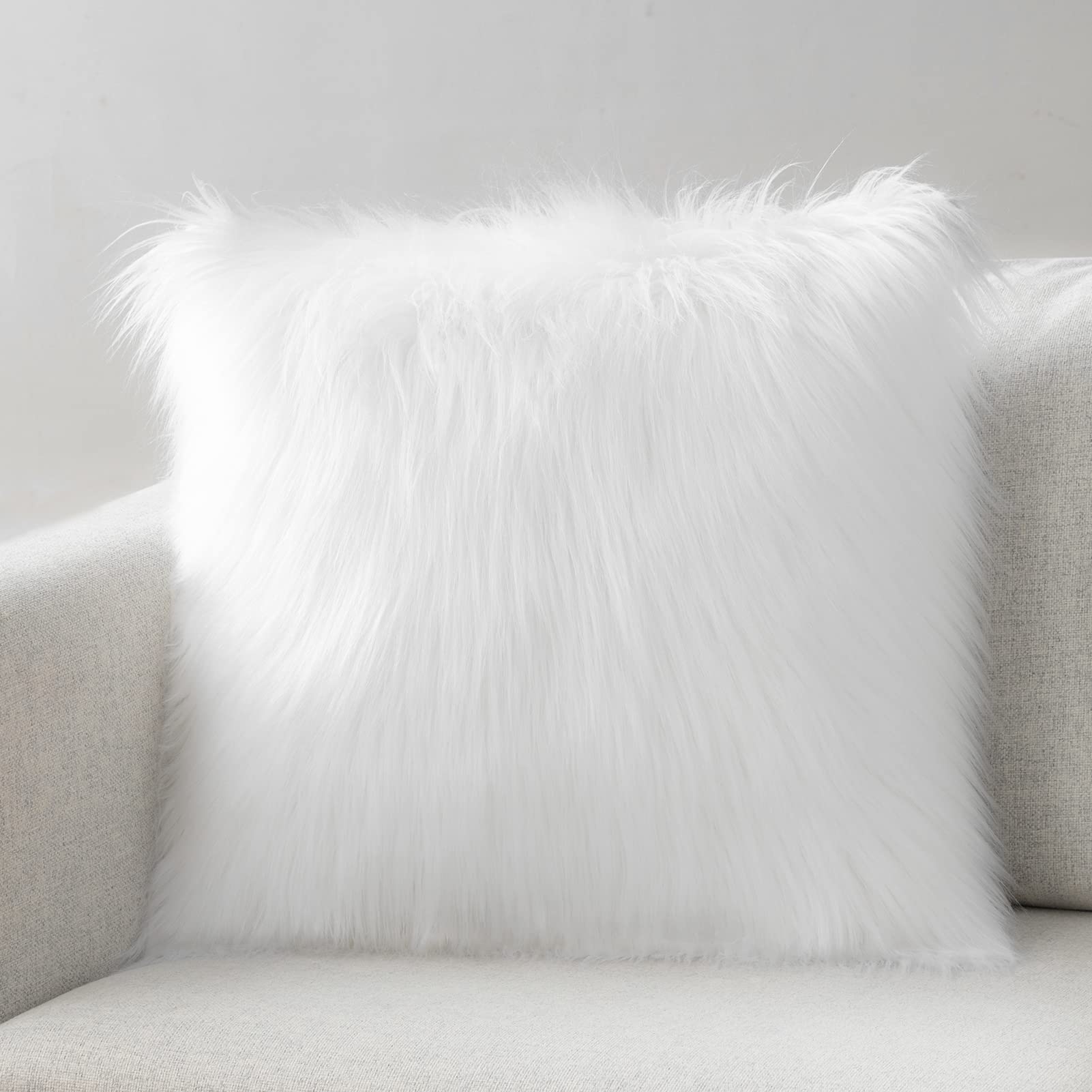 Photo 1 of Phantoscope Faux Fur Solid Decorative Pillow Cover Fluffy Throw Pillow Mongolian Luxury Fuzzy Pillow Case Cushion Cover for Bedroom and Couch, True White 20 x 20 Inches, Pack of 1