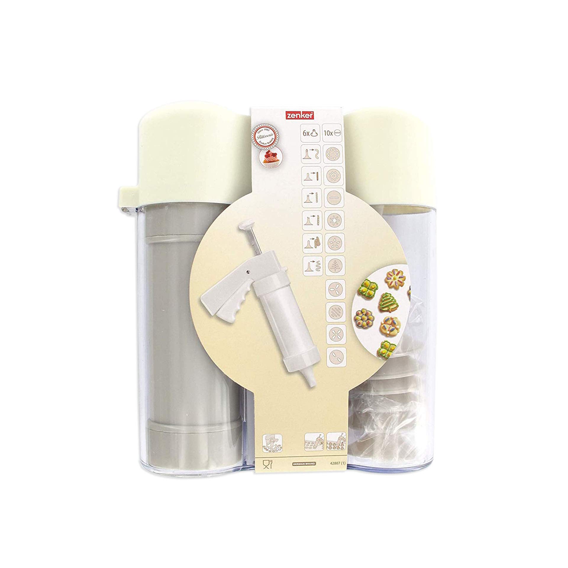 Zenker 42807 Professional Biscuit Press with 6 Tips and 10 Discs, Biscuit Press, Cake Mould, Plastic, 21 x 18.5 x 6.5 cm, White