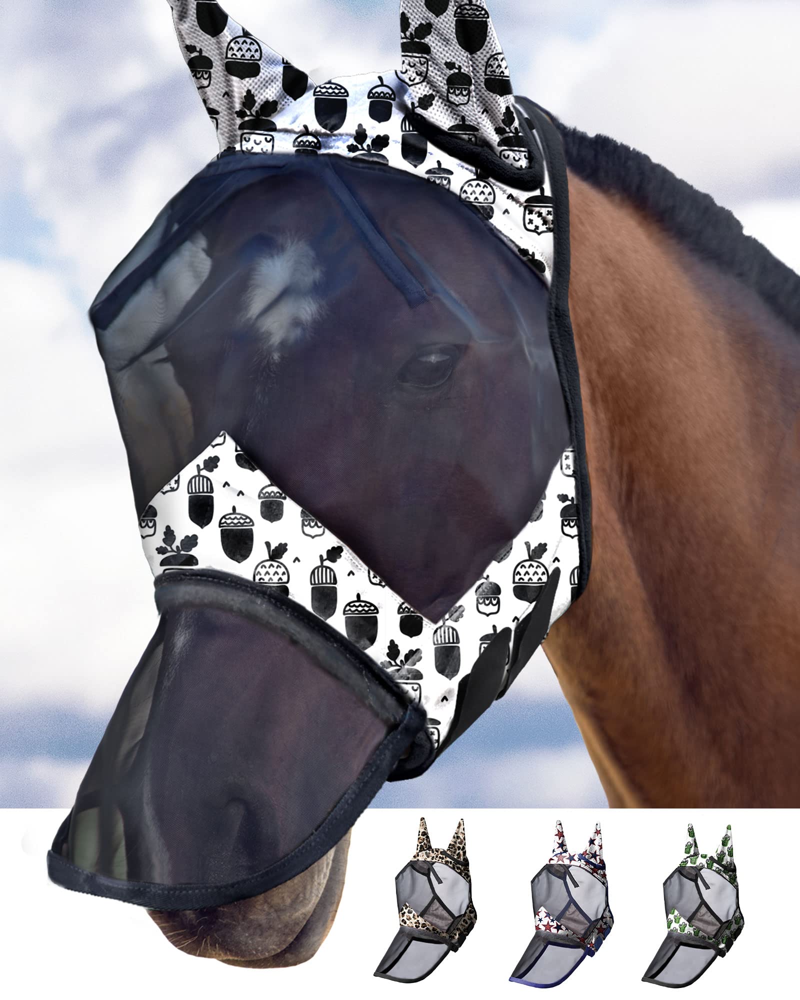 Harrison Howard LumiVista Horse Fly Mask Long Nose with Ears UV Protection for Horse-Pine Cones Cob