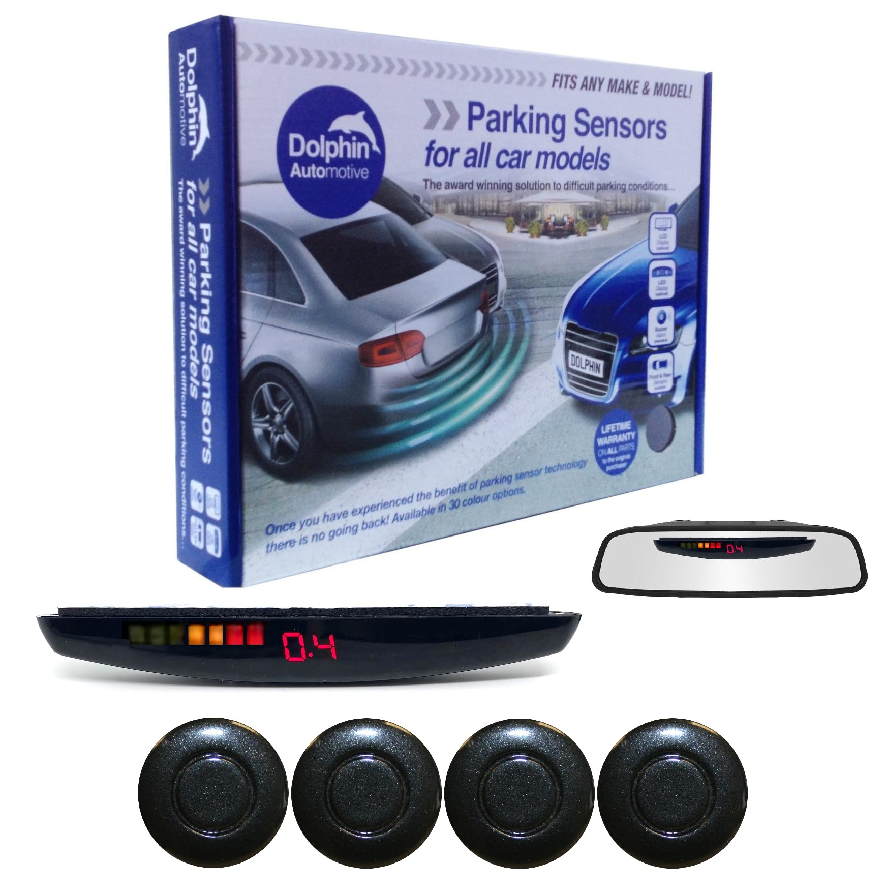 Dolphin DPS455 Reverse Parking Sensors In 32 Colours 4 Ultrasonic Radar Sensors Kit Audio & Rear Roof Mounted Display Alert System Matt & Gloss Black +30 More Colours (Coal Grey)