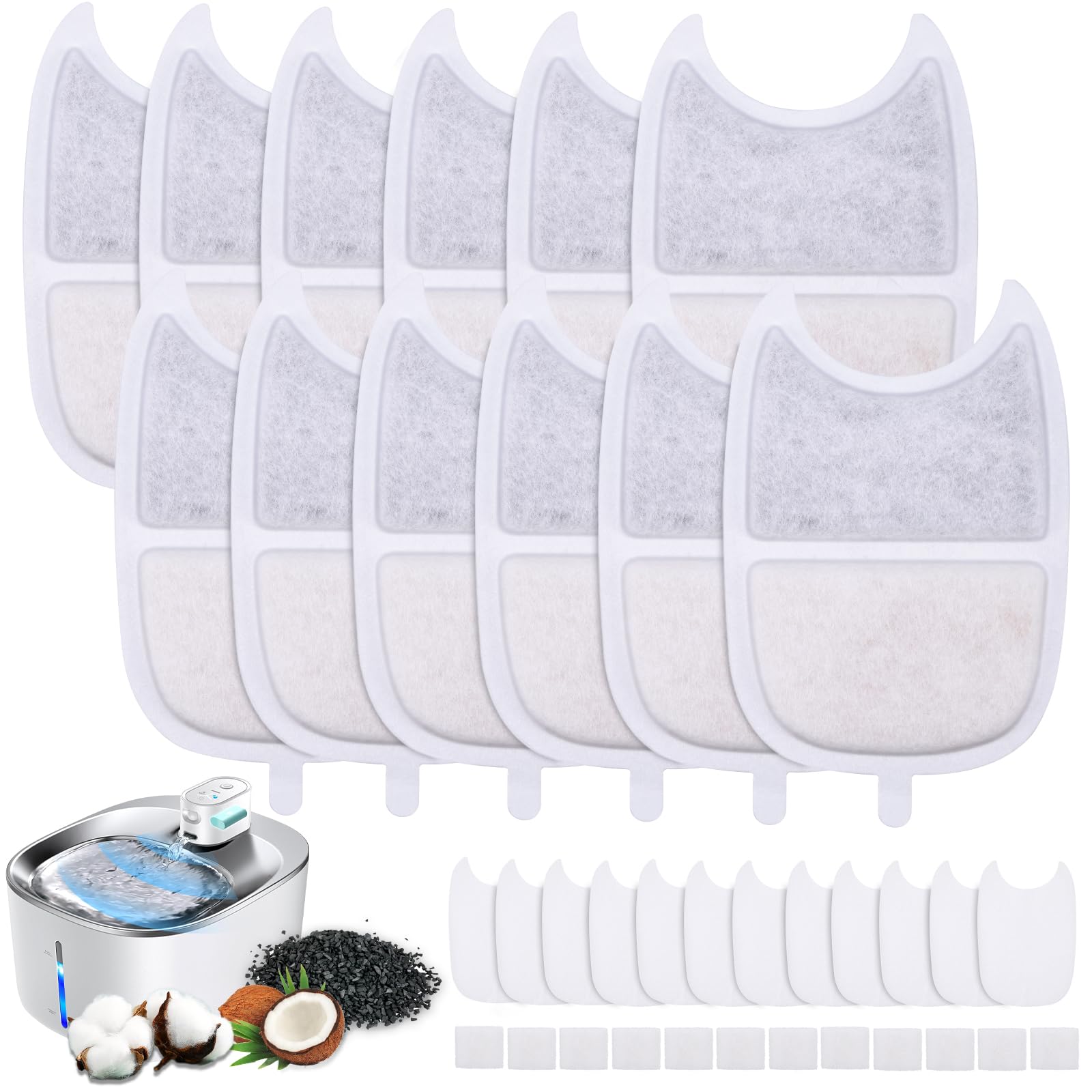 12Pcs Cat Water Fountain Filters, Cat Fountain Filters Set with 12Pcs Activated Carbon Filter and 24Pcs Foam, Pet Fountains Filter Replacement for 4L Cats Fountains