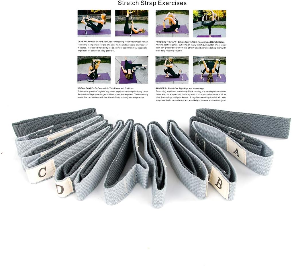 ECHAIN Yoga Stretch Strap 12 Loops Physical Therapy Multi-Grip Pilates Stretching Belt -Workout Instruction Included