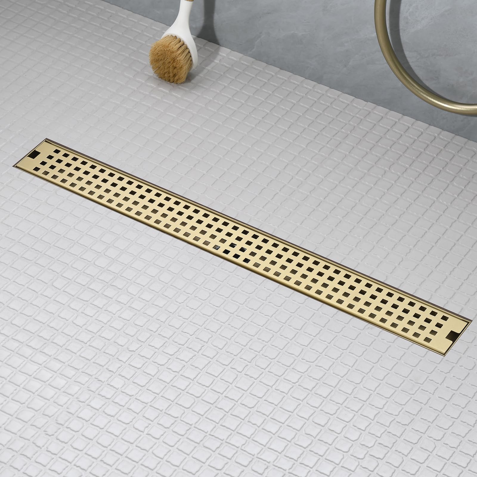 Photo 1 of 12 Inch Linear Shower Drain - Brushed Gold 304 Stainless Steel Rectangular Floor Drain with Adjustable Leveling Feet, Hair Strainer and Removable Grate