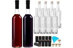 Waymind 750 ml Clear Glass Bottles with Cork Lids & Seal Shrink Capsules, 10 Pack 26 oz Empty Wine Bottles with Funnel for Bo