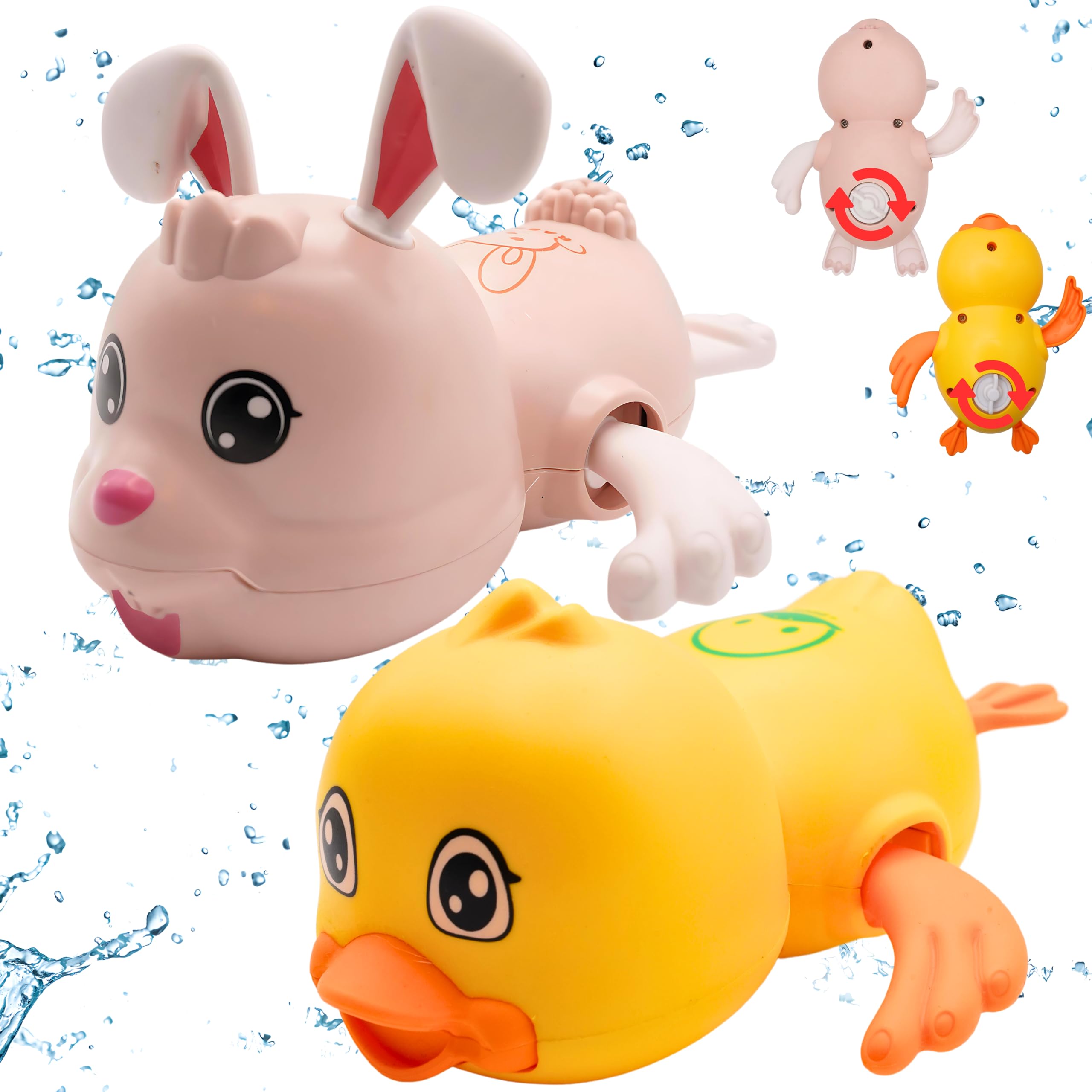 Caemora Kids Wind-Up Animal Bath Toys Set, Fun Swimming Friends for Bathtime Play,Safe & Durable Baby Bathing Toy Set for Toddler Girls Boys Bath-time Rabbit -(Pink) & Duck(Yellow)-2pcs