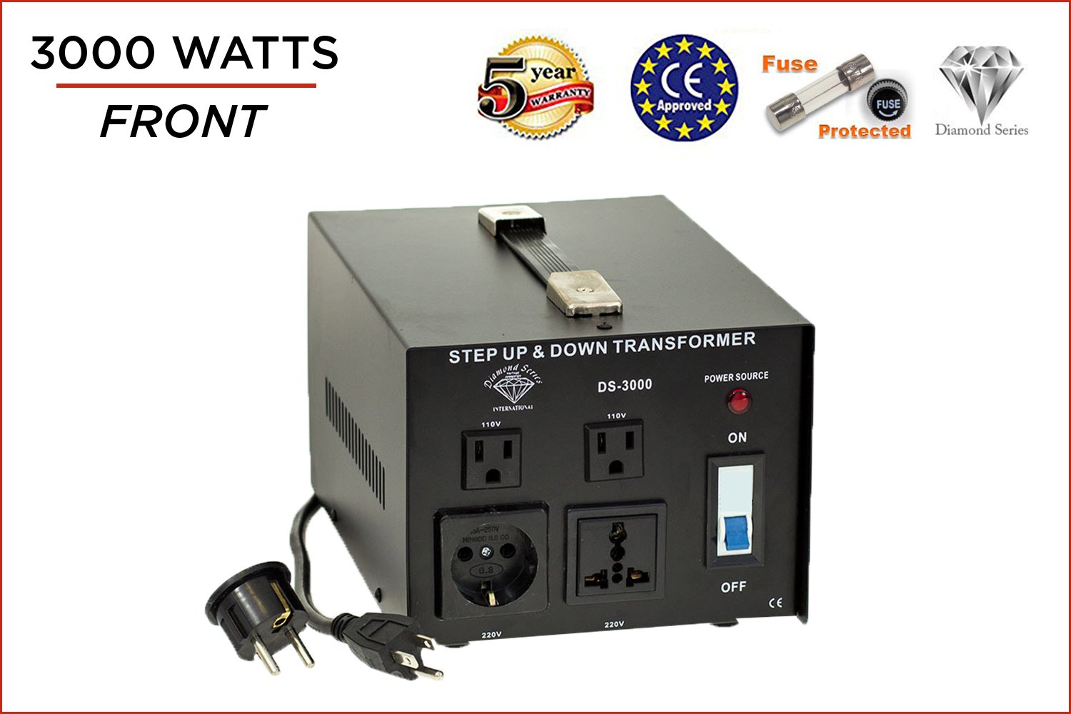 International Diamond Series Dynastar Step Up & Step Down Voltage Converter and Transformer, 110-220 to 220-240 Volts; Heavy Duty, Extra Durable Lifetime Coil, 5-Year-Warranty, 3000 Watts