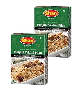 Shan Punjabi Yakhni Pilau Recipe and Seasoning Mix 1.76 oz (50g) - Spice Powder for Mild Punjabi Style Meat Pilaf - Suitable for Vegetarians - Airtight Bag in a Box (Pack of 2)