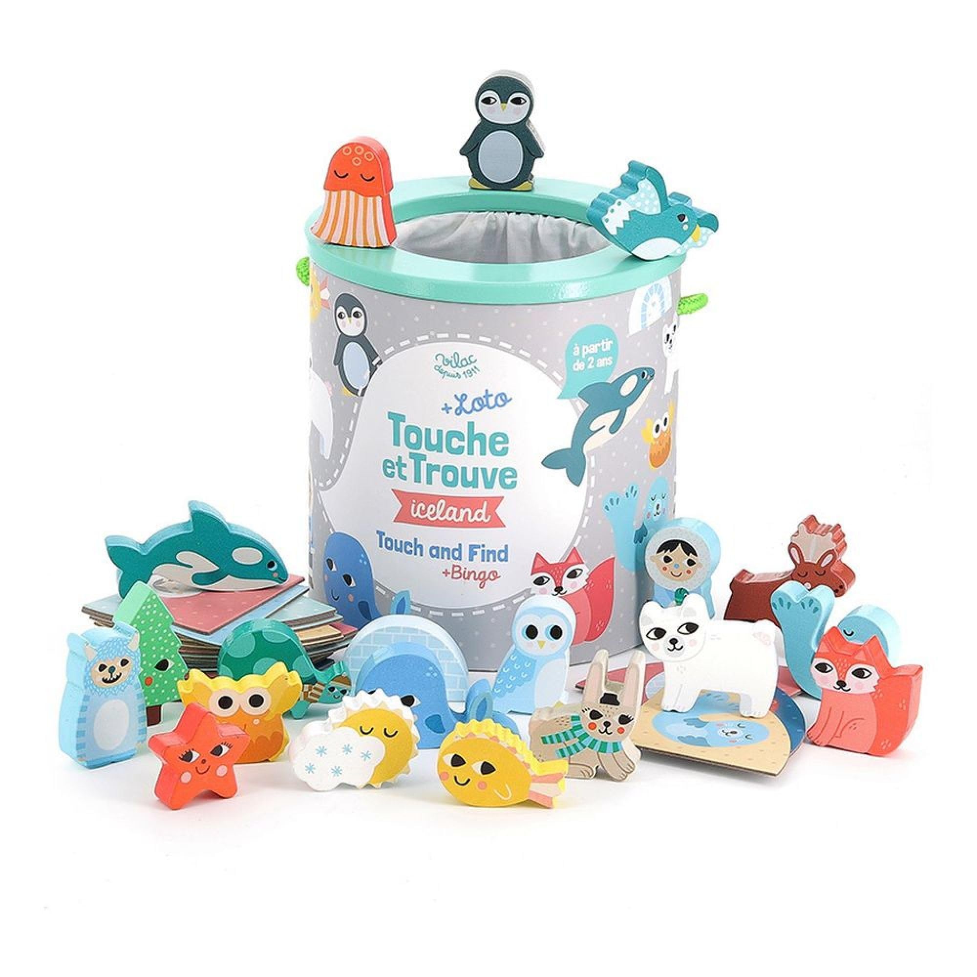 Vilac Touch and Find Game + Bingo, Includes Easy Wipe Clean Wooden Pieces, Matching Cards and Storage Tub, 2 Years+, Iceland Theme Illustrated By Graphic Designer Michelle Carlslund