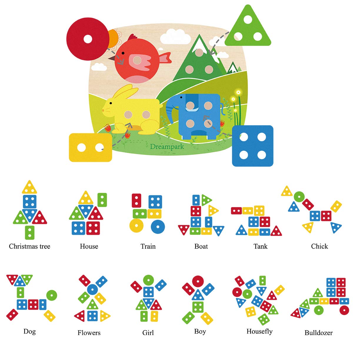 Dreampark Educational Toddler Toys for Boys Girls Age 1 2 3 4 and Up, Wooden Shape Color Recognition Preschool Stack and Sort Geometric Board Blocks for Kids Children, Non-Toxic