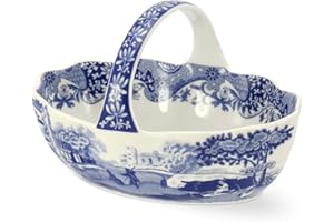 PORTMEIRION Spode Blue Italian Porcelain Handled Basket with Chip-Resistant Glaze - 6 Inch Decorative Serving Dish for Holiday Gift Giving, Hostess Presentation, Seasonal Table Accents