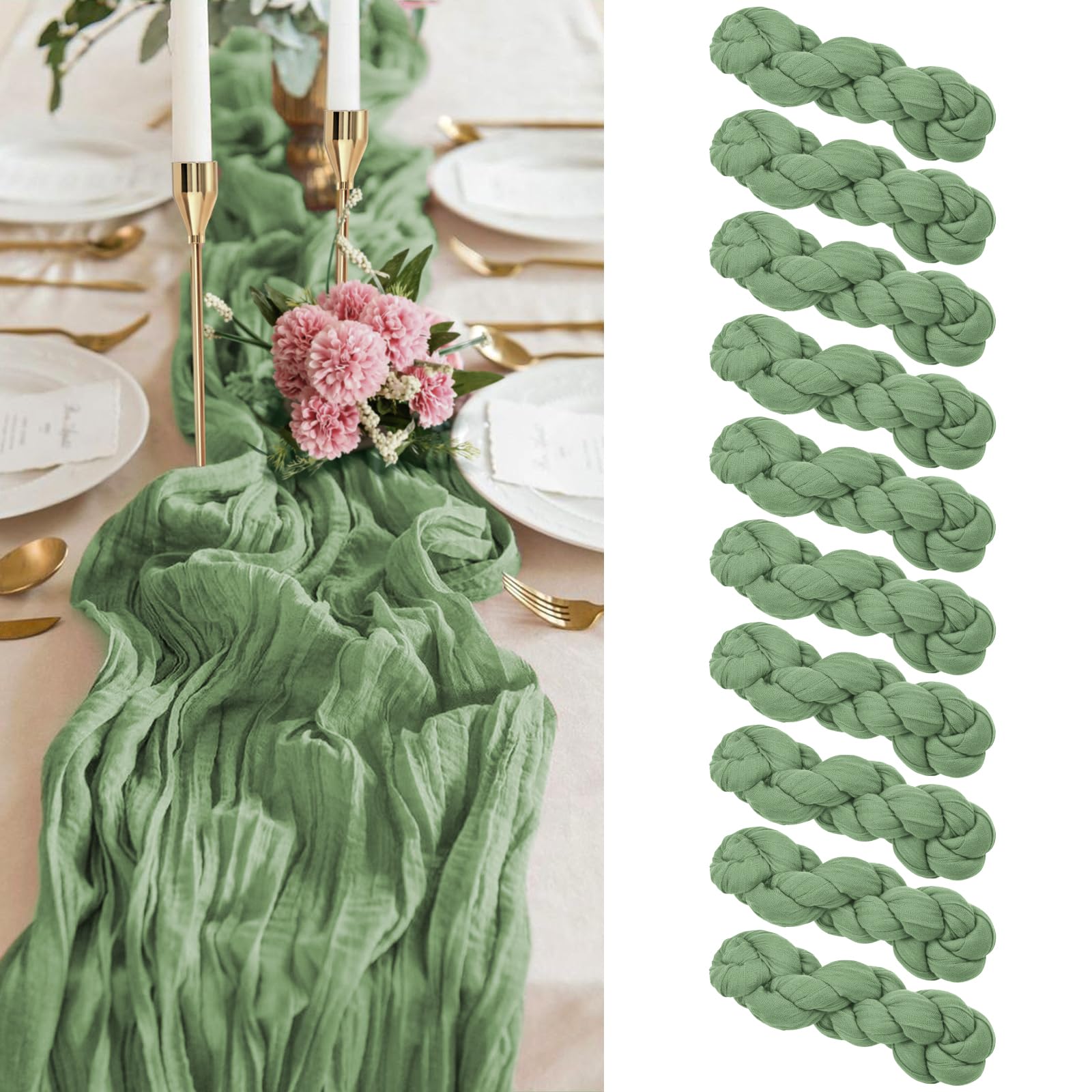 Photo 1 of 10 Pack Sage Green Cheesecloth Table Runner, 6FT Gauze Fabric Semi-Sheer for Wedding Reception, Boho Rustic Wedding Party Decor