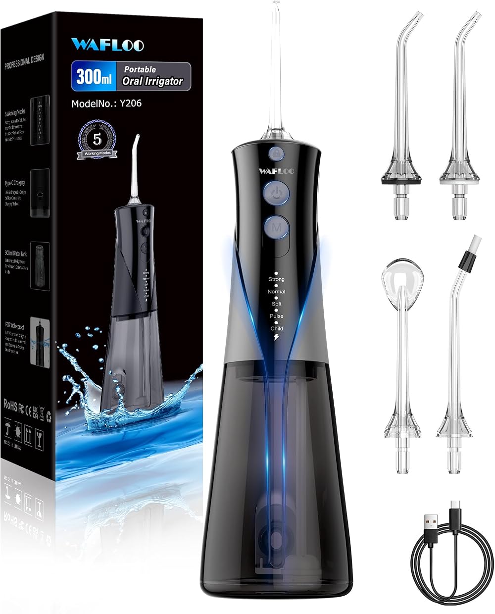 WAFLOO Water Flossers Portable 300ML 5 Modes 4 Tips IPX7 Waterproof