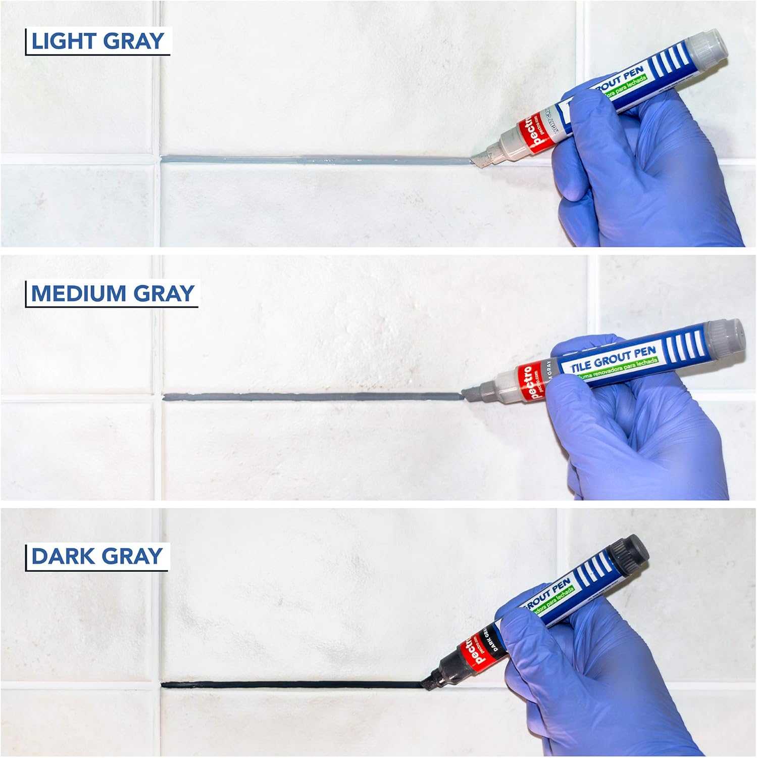 Tile Grout Pen Grey | Pack x 2 Units | Restore and Renew Grout Tile Lines in bathrooms & Kitchens | Gray Light - Medium - Dark (0, 27oz - 8ml x Unit) | Grout Reviver (Light Gray) - - 