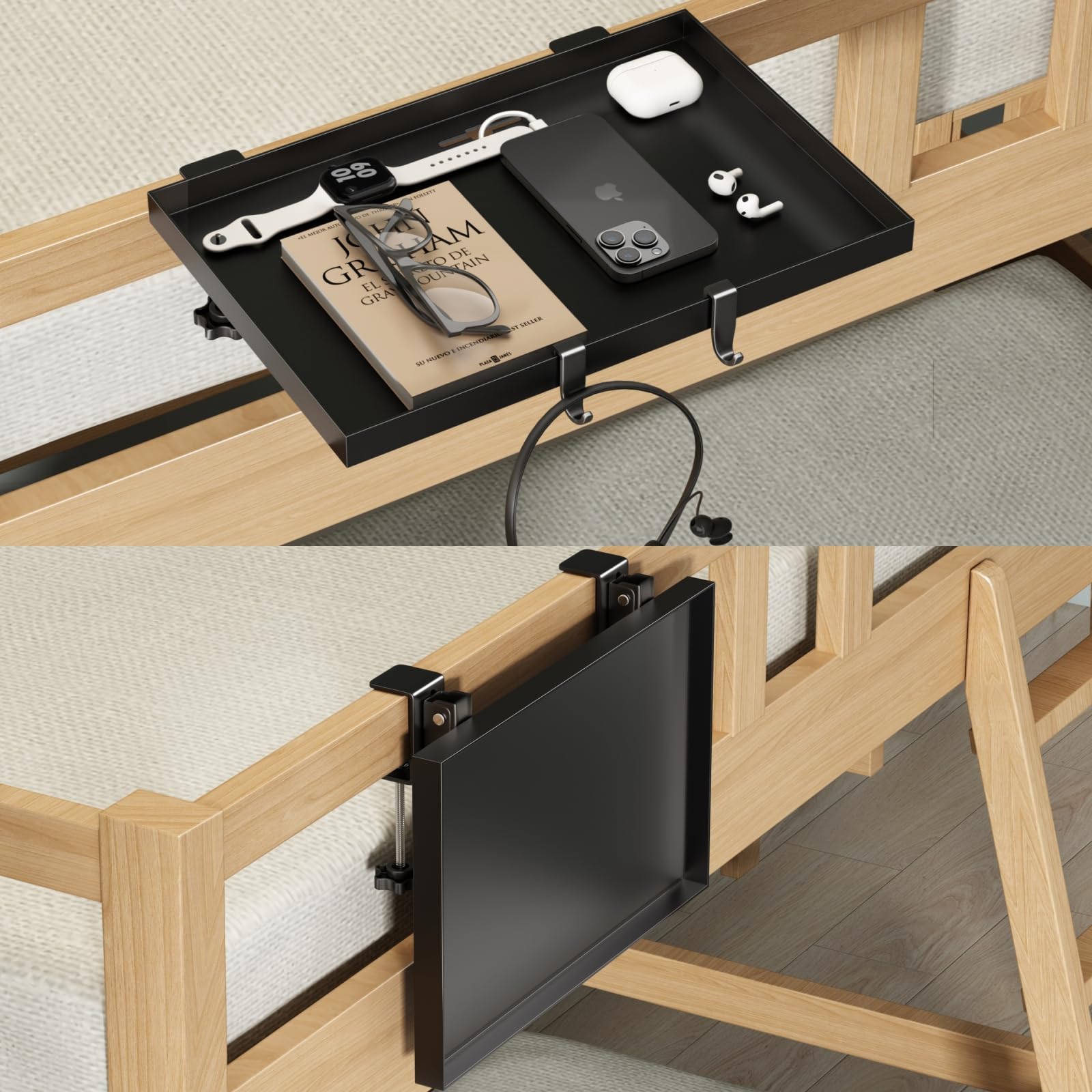 Photo 1 of Magheo Bedside Shelf Foldable, Metal Clip-On Bunk Bed Table Shelf for Top Bunk Heavy Duty Bed Side Table Tray for College Dorm Room Essentials, Loft Nightstand Organizer Tray with 1 Cord Hole(Black)