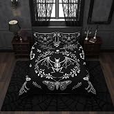 Castle Fairy Moth Animal Theme Duvet Cover Queen Size,Gothic Skull Boho Comforter Cover with 2 Pillowcase for Adults,Black and White Skeleton Decorative Soft Bedding Set,No Comforter