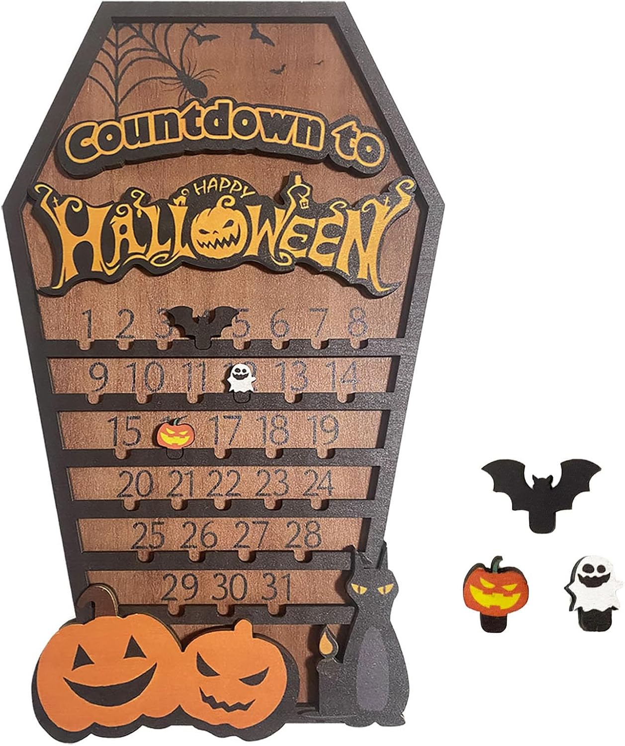 Advent Calendars - Halloween Advent Calendar 2023, Halloween Countdown Calendar Spooky Coffin Decor-Contains Bat, Pumpkin, Ghost 3 DIY Moving Wooden Gifts, Halloween Indoor Decorations for Office Home Desk (Coffin Decor)