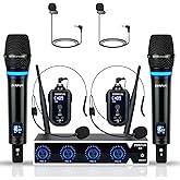 ZERFUN 4 Channel Rechargeable Wireless Microphone System, Pro UHF Metal Handheld Headset Lavalier Lapel Cordless Mics for Karaoke Singing Church with VOL Control, 4x50 Adjustable Frequency(G8)