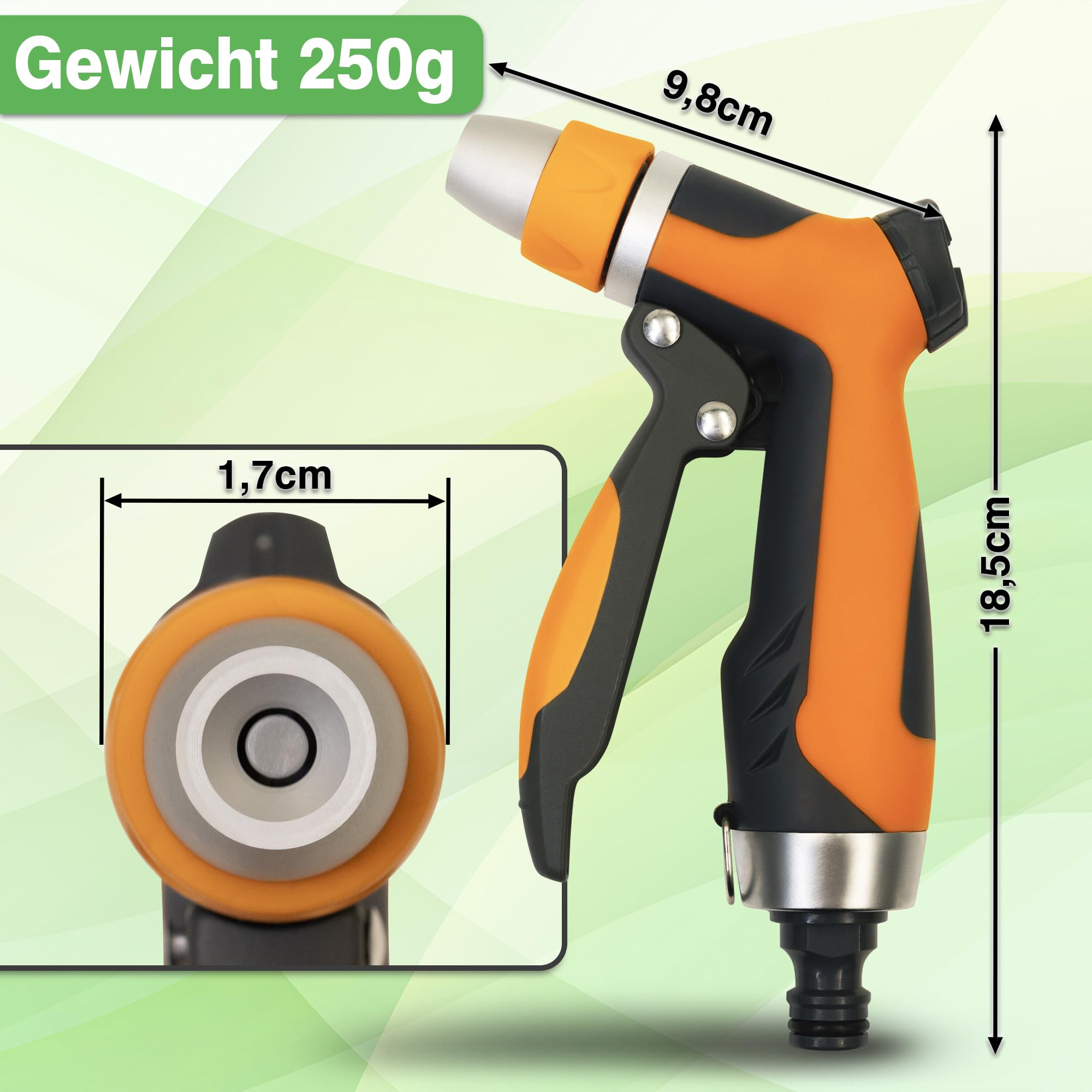 YourCasa Gartenbrause aus Aluminiumgehäuse - Gartenspritze verstellbaren Sprühmustern - Brause Spritze mit Gartenschlauch Aufsatz - Handbrause - Garten Wasserspritze Düse Reinigungsspritze (Orange) 7
