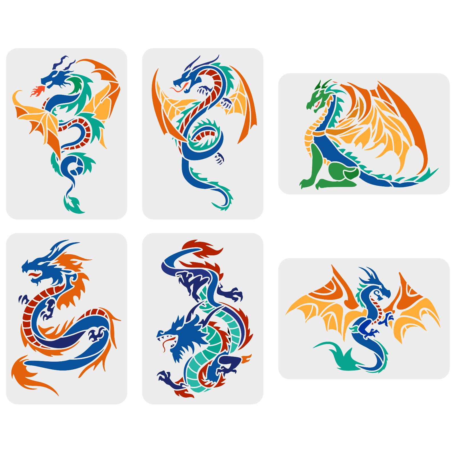 FINGERINSPIRE 6 Pcs Dragons Stencil Set - 29.7x21cm Plastic Dragon Drawing & Painting Stencils for Wood, Floor, Wall & DIY Home Decor — image 1