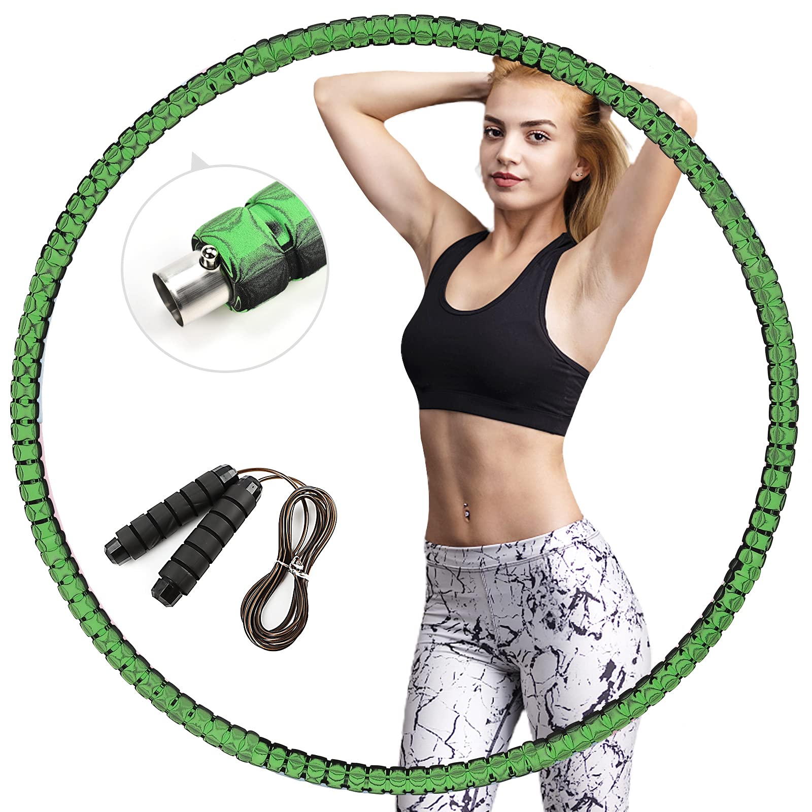 eisaro Hula Hoop Fitness Removable Hoola Hoop Made of Stainless Steel Material with Foam Massage Hula Hoop with Skipping Rope for Adults and Teenagers (Green-Grey)