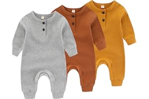 IADOER Newborn Baby Boys Girls One Piece Romper With Mitten Cuffs 3 Pack Long Sleeve Ribbed Button Jumpsuit Outfit Clothes