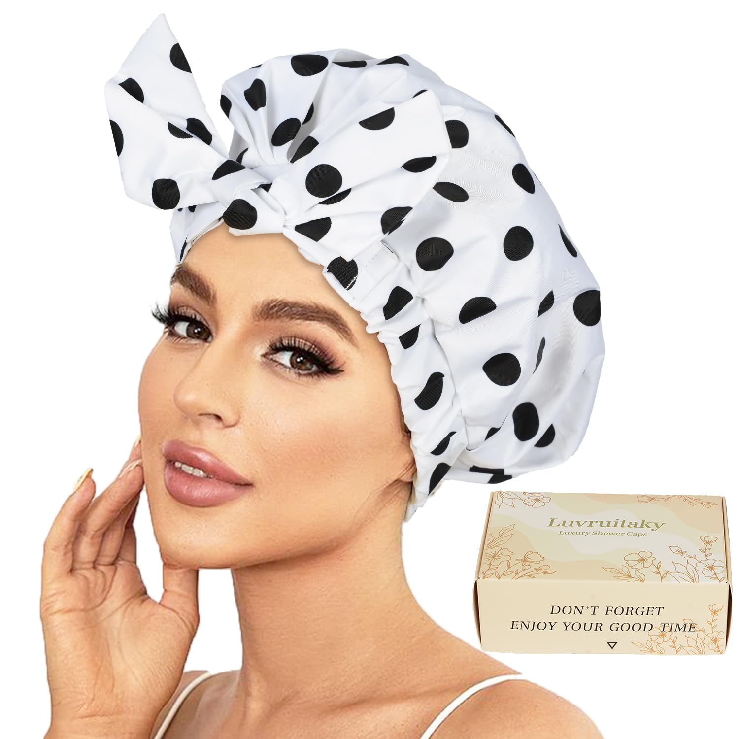 Photo 1 of Luvruitaky Shower Cap Luxury Shower Caps for Women Reusable Waterproof Hair Cap for Shower with Adjustable Bowknot Hair Bath Cap (White)