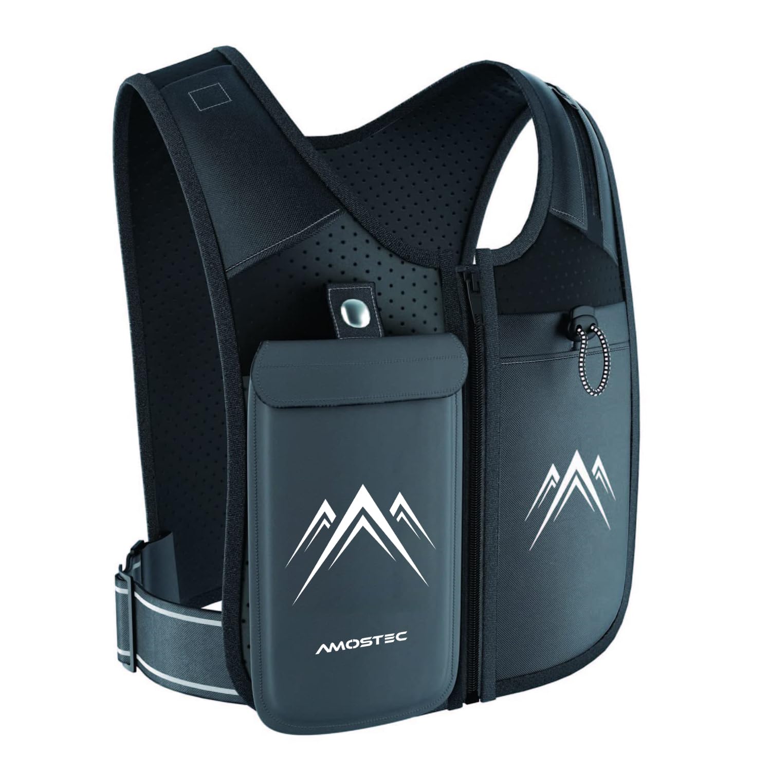 REVALI Running Phone Holder Vest, UK Patent, Zip Front Reflective Running Vests, 6 Pockets for Accessories, Lightweight and Adjustable Running Hydration Vest Backpack, Men & Women