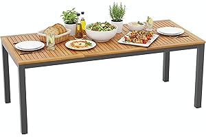 Tangkula 79" Acacia Wood Outdoor Dining Table for 8, Patio Table with Umbrella Hole, Metal Legs & Adjustable Foot Pads, Recta