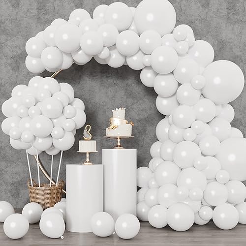 RUBFAC White Balloons 129pcs Different Sizes 18 12 10 5 Inch for Garland Arch, Latex Balloon for Engagement Wedding Anniversary Birthday Party Baby Shower Decoration