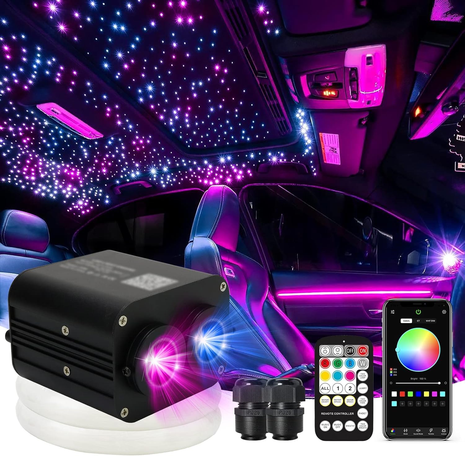 Callsky Upgared Dual Color 20W Twinkle Starlight Headliner Kit Mixed 710pcs*13.1ft Cables+ RGB Meteor Shooting Star Fiber Optic Light Sound Activated APP/Remote Control for Car Roof Home Ceiling