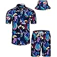 TUNEVUSE Mens Hawaiian Shirts and Shorts Set 2 Pieces Beach Outfits Flower Print Summer Tropical Suit with Bucket Hats