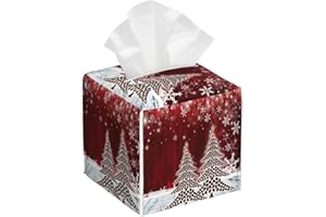 HOYYU Christmas Tree Tissue Box Cover Winter Snowflakes Snow Square Leather Tissue Case Holder Facial Paper Organizer Dispenser Decorative for Tabletop Desk Bathroom Kitchen Car Office Home Decor