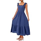 Caracilia Womens Summer Casual Maxi Dress Ruffle Spaghetti Strap Gingham Smocked Long Dresses 2026 Spring Vacation Sundress