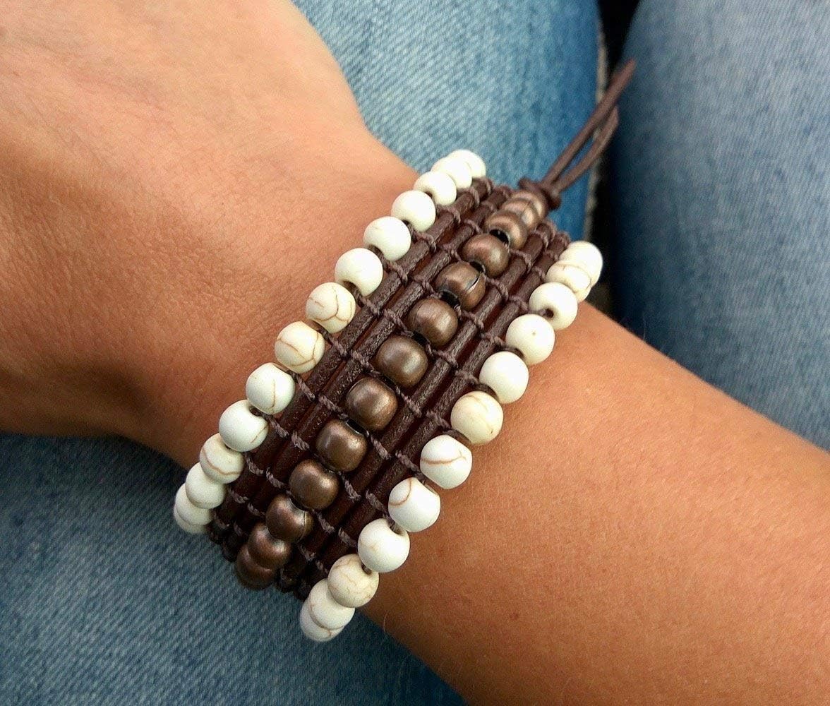 Boho Wide Bracelet with Howlite Stones and Cooper Beads for Woman