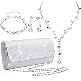 Meanplan 4 Pcs Silver Clutch Purse Jewelry Set for Women Rave Accessories Evening Rhinestone Purse Silver for Bride Wedding