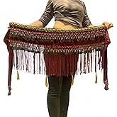 KWNMNDD Womens Belly Dance Flannel Tribal Hip Scarf Belt Skirt with Fringe Coins (Wine red)