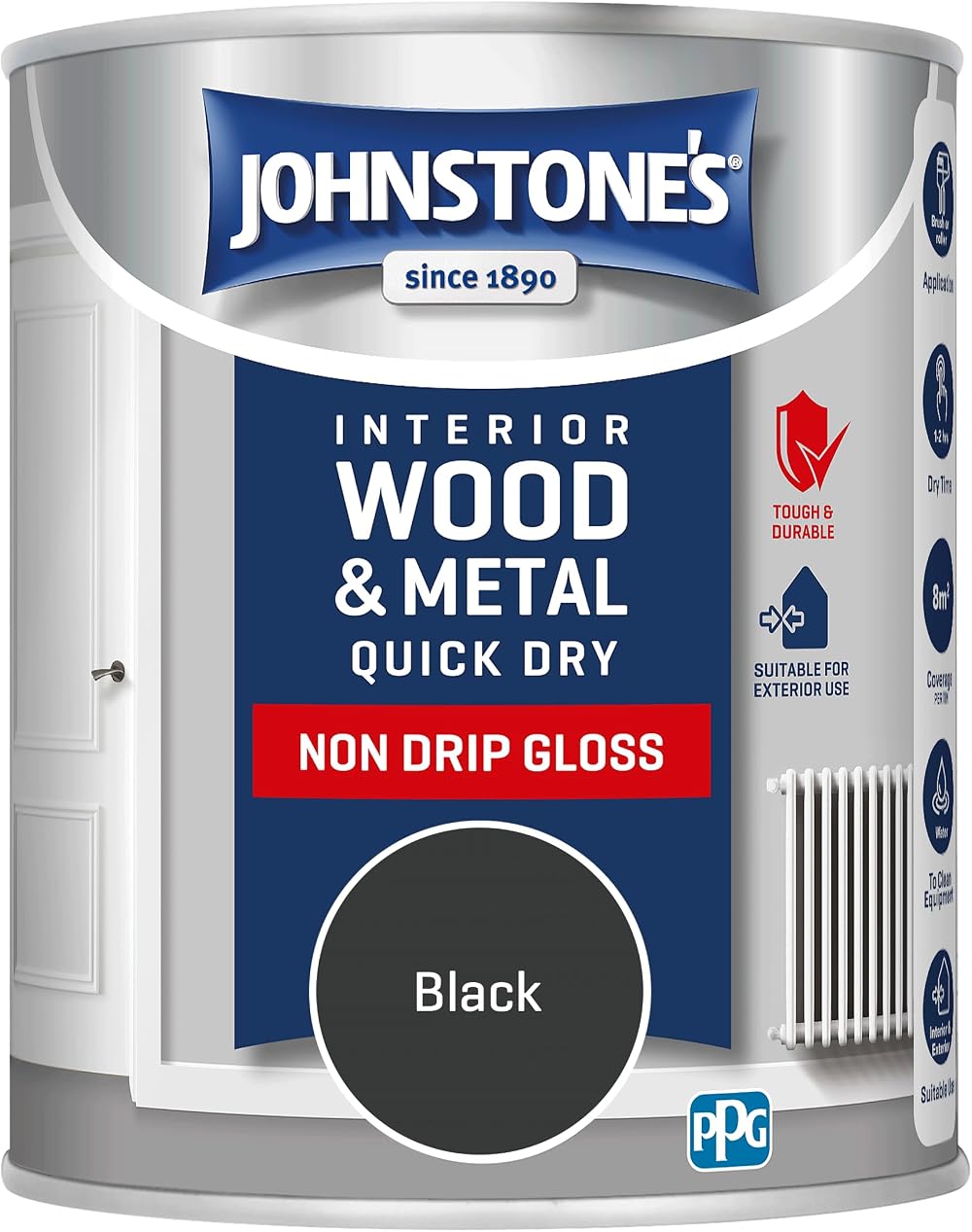 Johnstone's Black Gloss Wood & Metal Paint 750ml Water Based Quick Dry Low Odour
