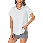 OPOIPIN Women's Button Down Shirt Short Sleeve Collared V Neck Casual Blouses Top with Pocket