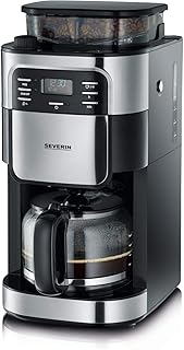 SEVERIN Kaffeeautomat mit Mahlwerk und Glaskanne, Für Kaffeebohnen und Filterkaffee, Timerfunktion, Automatische Abschaltung, bis zu 10 Tassen, KA 4810, Edelstahl/Schwarz