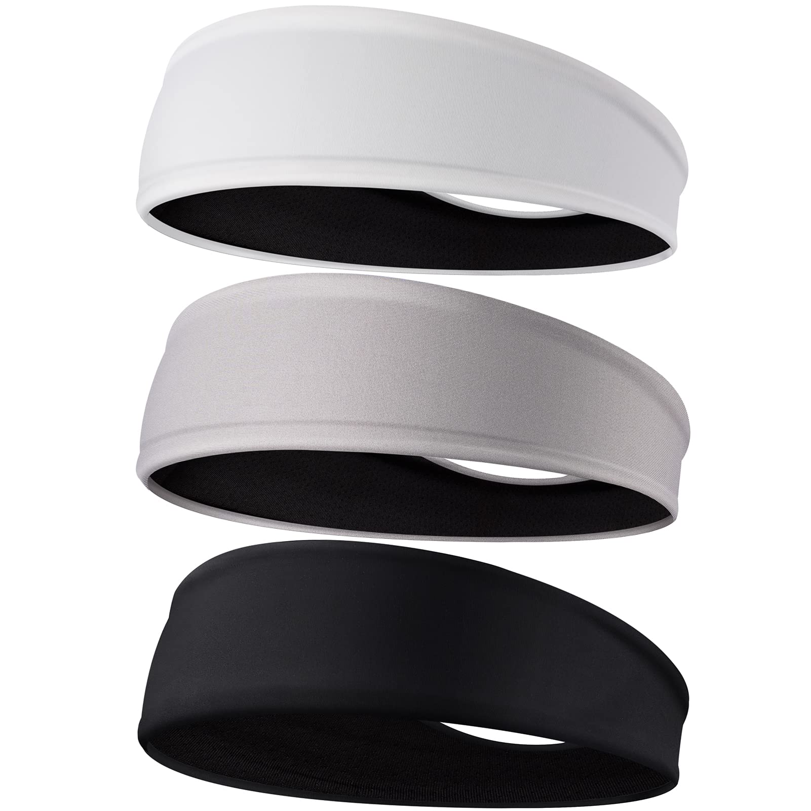 EasYoung Headbands for Men, 3-Pack Sweat Wicking Men's Headbands, Mens Sport Headbands for Running, Non-Slip, Breathable 01.Blacl+Gray/Black+White/Black