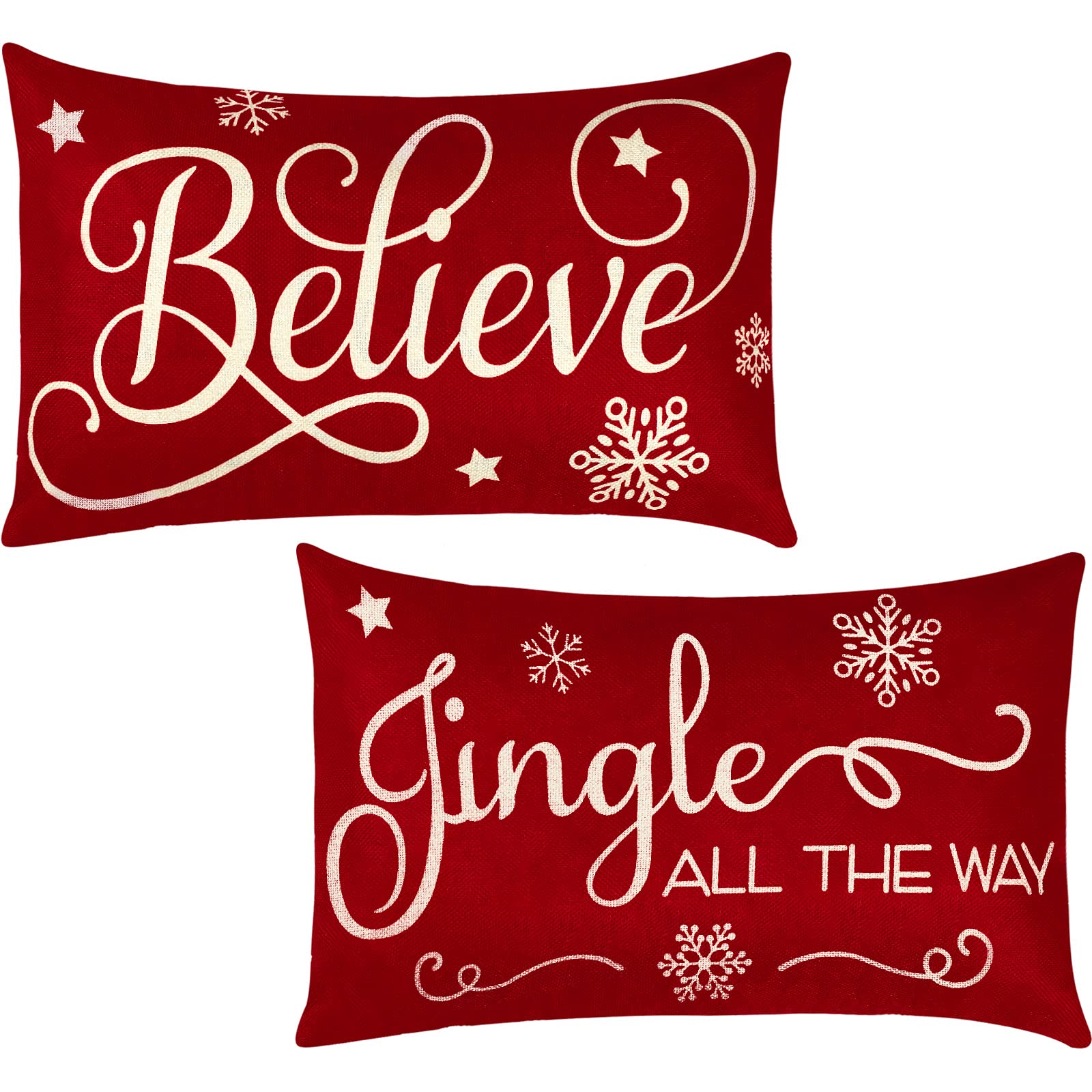 View 1 of 2 Pieces Christmas Pillow Covers 12 x 20 Inch Xmas Believe Throw Pillow Cases Red Cushion Cover Rectangle Xmas Linen Pillowcases for Home Bedroom Couch Sofa Christmas Decorations