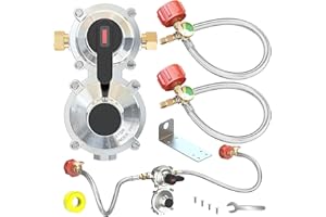 MEFUN Upgraded RV Propane 2-Stage Auto Changeover LP Propane Gas Regulator-2 Tank with Two 18" RV Pigtail Propane Stainless Braided Hoses with Gauge Dual Propane Tank Regulator for RVs, Vans, Trailers,Campe