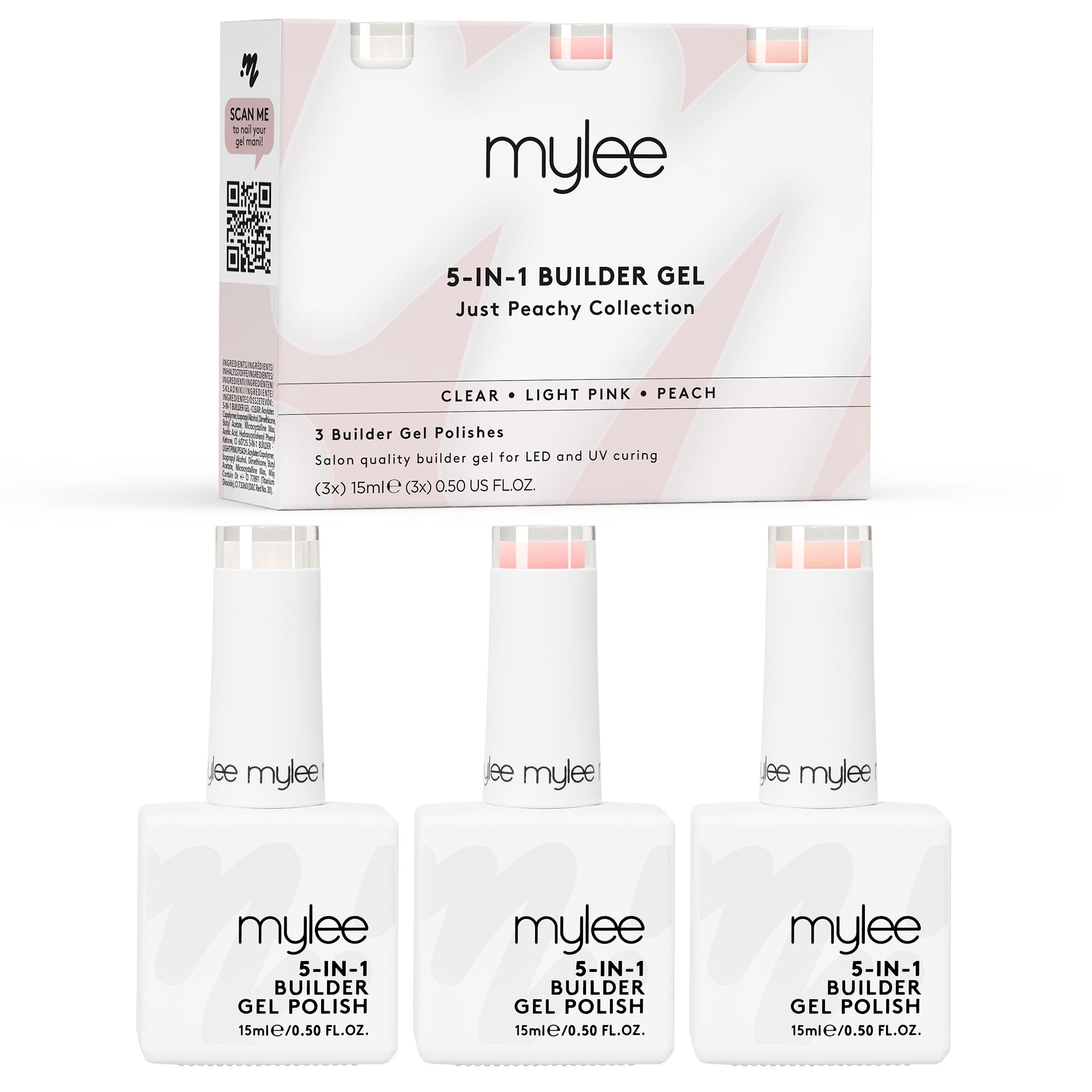 Mylee 5 in 1 Builder Base Strengthening Gel Trio 3x15ml, UV/LED Nail Polish Coat, Hard Strong Nails Tips & Extensions, Nail Art Decoration, Decals & Jewels, Professional Manicure Repair (Just Peachy)