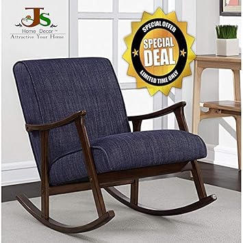 Strata Furniture Sheesham Wood Rocking Chair for Living Room with Blue Cushions