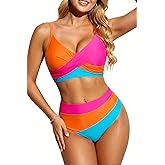 Aqua Eve Women's High Waisted Bikini - Twist Front Two Piece Swimsuits Full Coverage Color Block Bathing Suits 2025 Swimwear