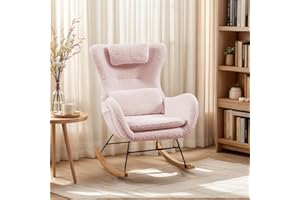 fatani Rocking Chair Nursery Teddy, Upholstered Glider Rocker Nursery Rocking Accent Chairs with High Backrest Armchair, Recliner Armchair with Side Pocket, Comfy Living Room Chairs(Pink)