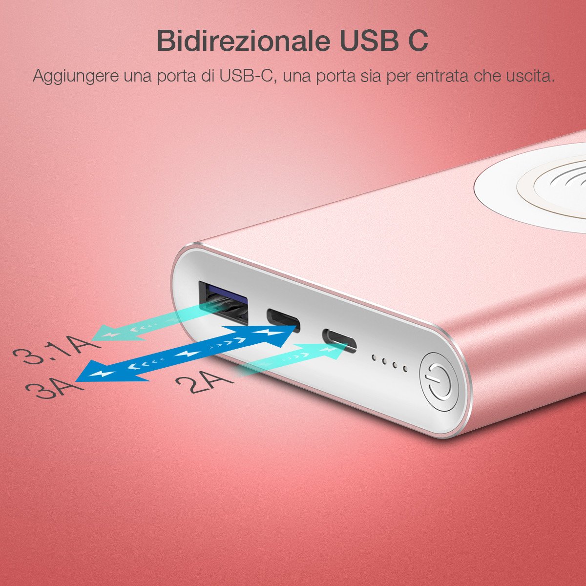 POWERADD Caricabatterie portatile Senza fili 10000mAh powerbank wireless Entrata di Lightning e di USB-C, 2 uscite per iPhone X/8, Samsung Galaxy S9/S8/S7/Note 8 e tanti altri (Cavo di Lightning e di USB-C sono inclusi)