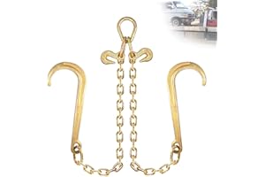 TKK Towing Chain Bridle，5/16" X 2ft V-Bridle Tow Chain with 15" J-Hooks and Grab Hooks Grade 70 Safety Chains for Flatbed Trucks, Yellow Zinc Plated, 4900 lbs Capacity